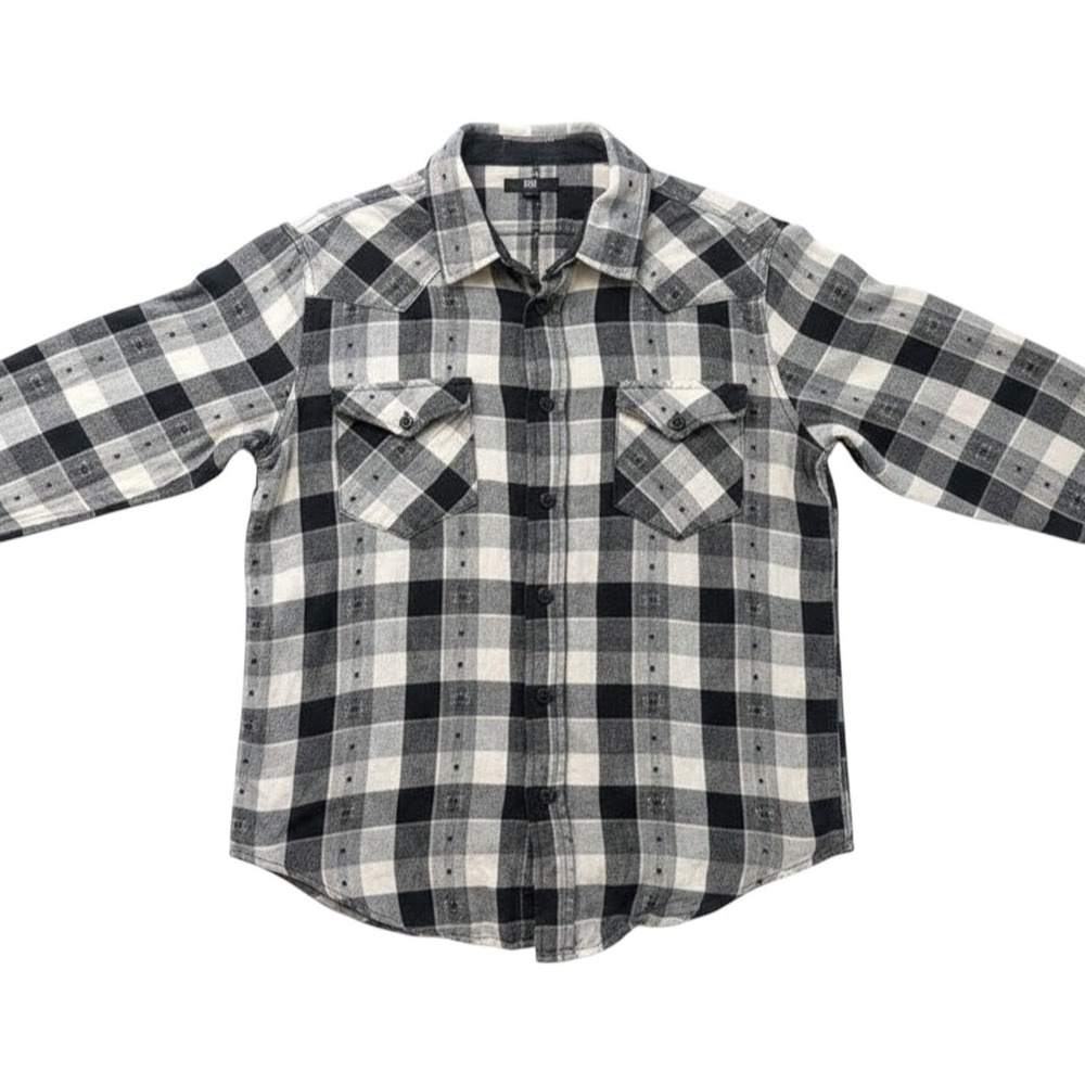 Frye Plaid Button Down Shirt Women Large Black White Excellent Dobby Flannel